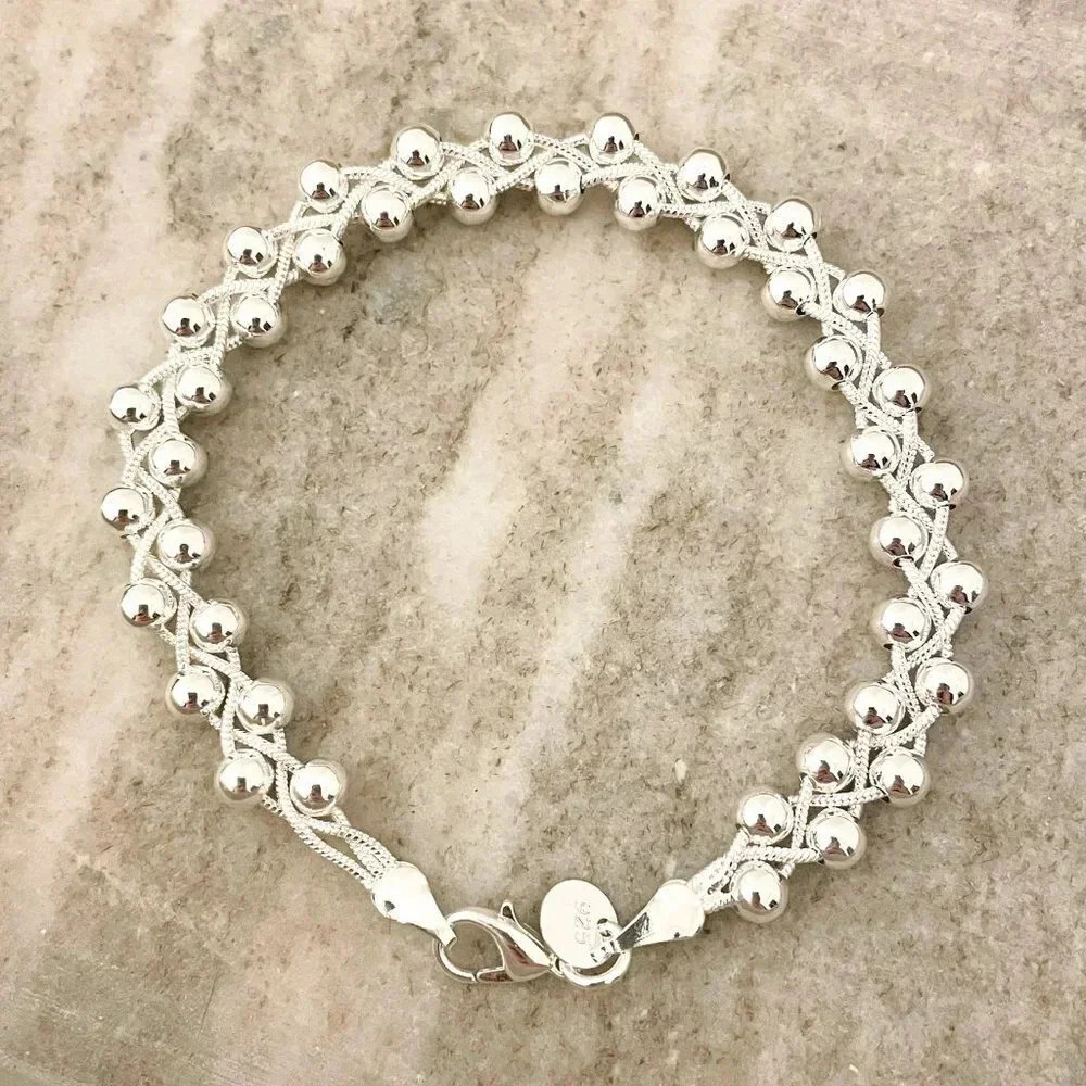 925 Sterling Silver Bead Bracelet 5 MM Ball Bracelet Large Thick Bracelet - Picture 2 of 4
